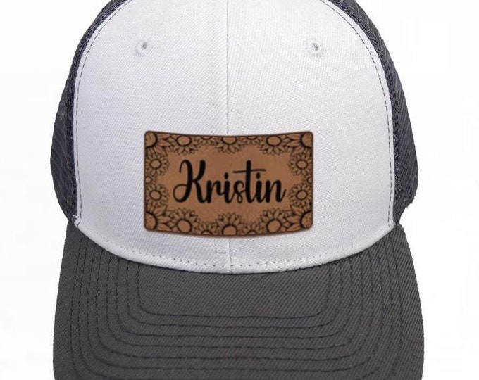 Personalized Sunflower Patch Hat, Trucker Hat, Sunflower Design Trucker Hat, Trucker Cap, Faux Leather Patch,