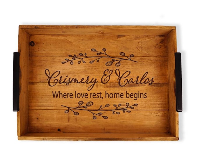 Personalized Wood Serving Tray: Engraved Family Name, Design Choices, Distressed Wood, Gift Ideas