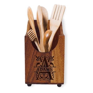Personalized Kitchen Utensil Holder, Acacia Wood, Engraved Utensil Holder, Kitchen Tool Box, Housewarming Gift, New Home Gift, Realtor Gift