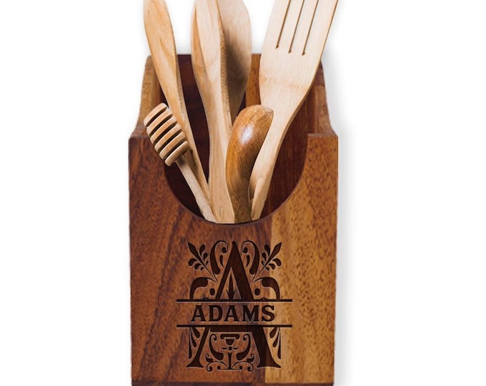 Personalized Kitchen Utensil Holder, Acacia Wood, Engraved Utensil Holder, Kitchen Tool Box, Housewarming Gift, New Home Gift, Realtor Gift
