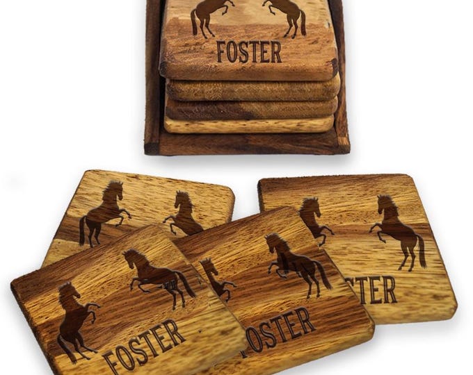 Personalized Handmade Acacia Wood Coasters:  Set of Four Coasters with tray, Many designs available