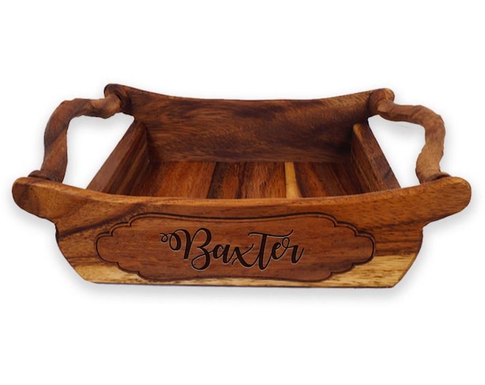 Acacia Wood Tray with Carved Handles: Hand Rubbed Finish