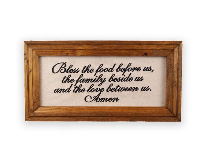 Embroidered 'Bless the Food' Framed Art: Rustic Farmhouse Decor