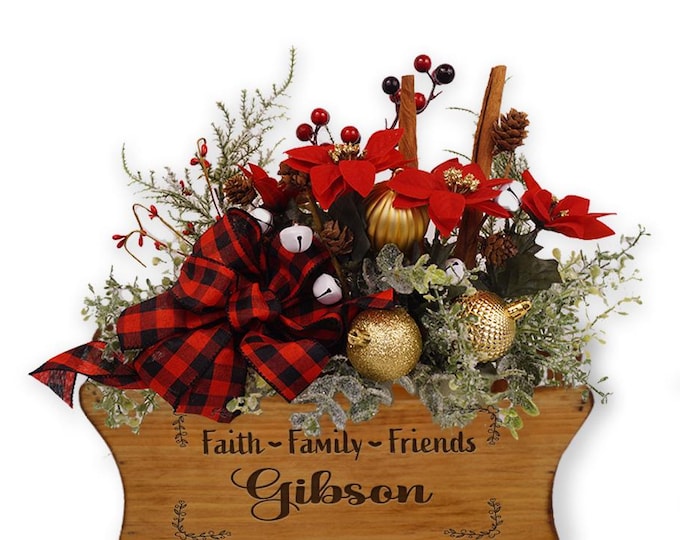 Personalized Christmas Pine Rustic Tray Floral Arrangement:  Christmas Tray, Christmas Floral Arrangement