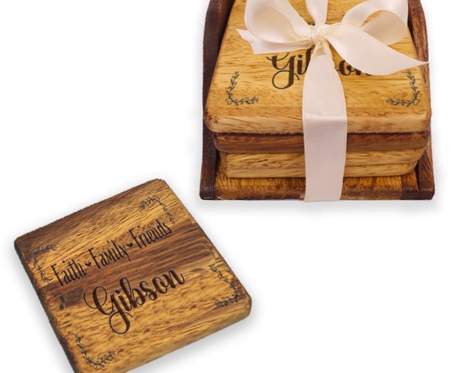 Personalized Acacia Wood Coasters:  Coaster Set of Four with tray