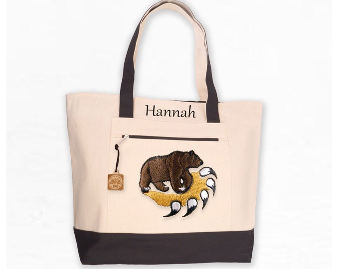 Bear Tote Bag with Zip Top and Zip pocket, Large Canvas Tote, Bear Paw, Handbag, Shoulder Bag, Purse, Beach Bag, Camping Tote