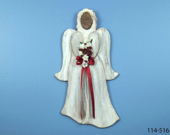 Christmas Angel, Distressed Wood Angel, Red Ribbon Angel, Floral Angel, Antiqued Angel, Rustic Angel, Angel, Farmhouse Angel
