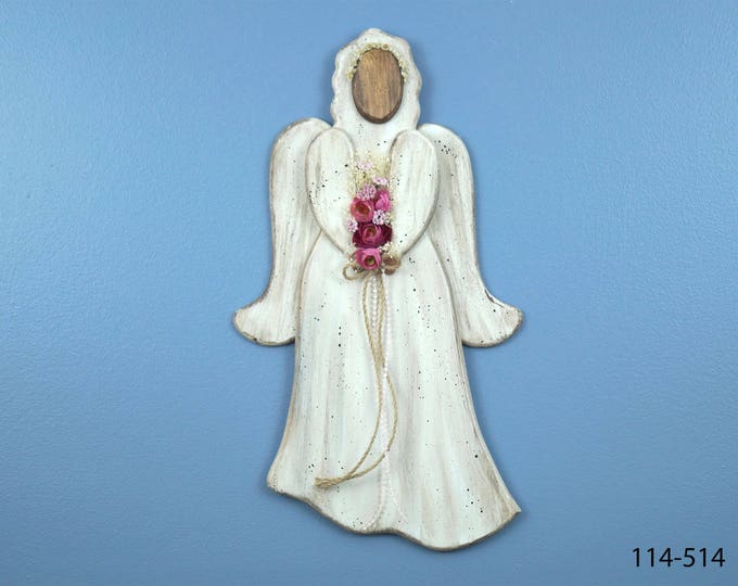Country Wooden Angel, Distressed Wood Angel, Deep Pink Roses with Jute Ribbon Angel,  Wall hanging Angel, Rustic Angel