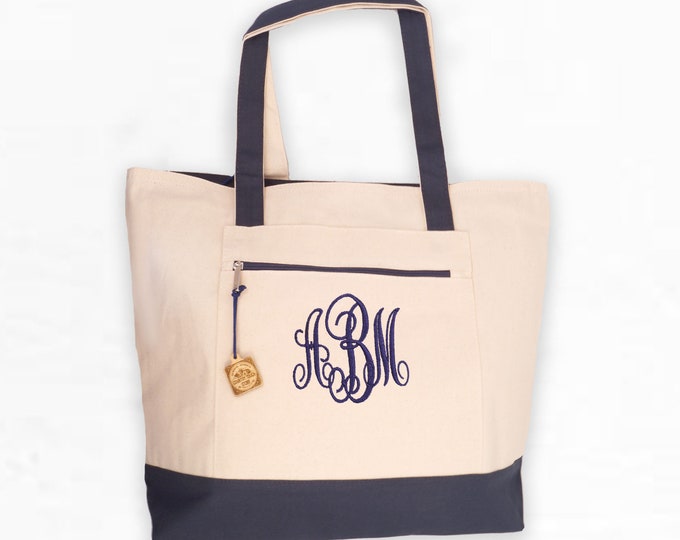 Personalized Tote Bag with Zip Top and Zip pocket, Monogrammed Heavy Canvas Tote, Boat Tote, Shoulder Bag, Large Tote, Beach Bag, Purse