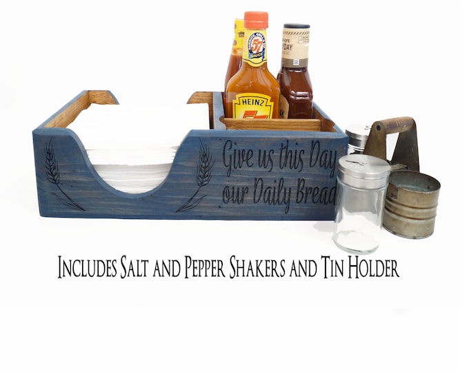 Give Us This Day Our Daily Bread, Country Blue Picnic Tray, Farmhouse Napkin Tray, Rustic Wood Tray, , Paper Napkin Box, Napkin Dispenser