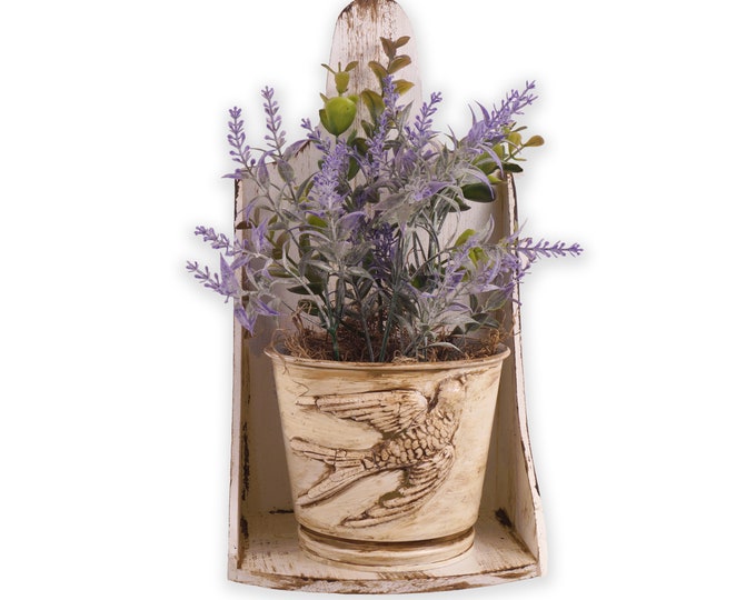 French Country Bird Tin with Lavender Florals, Sconce Holder, Wall Hanging, Shelf Sitter, Cottage Decor, Farmhouse Decor, Acacia Wood