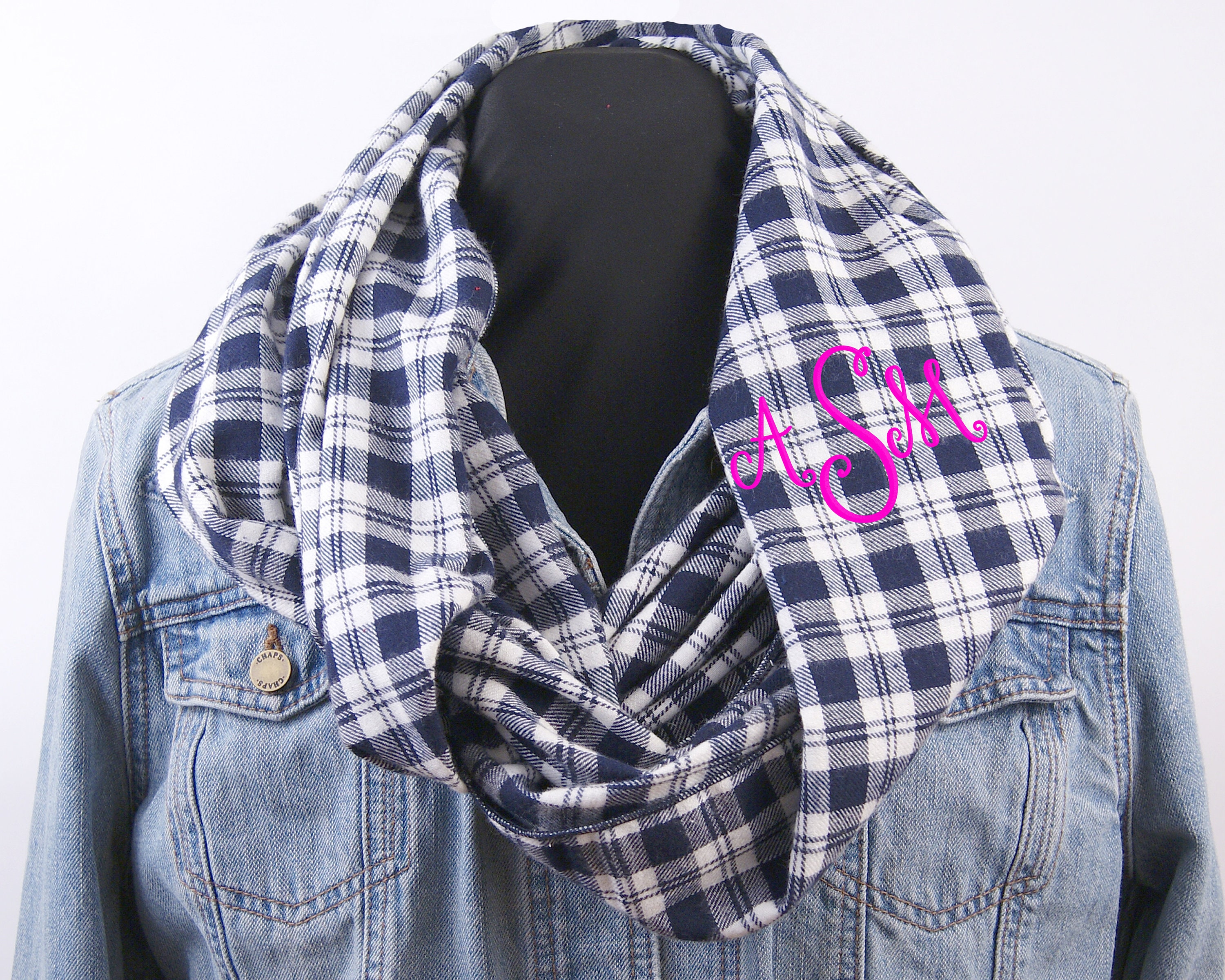 Monogrammed Infinity Scarf, Monogrammed Scarf, Navy and White