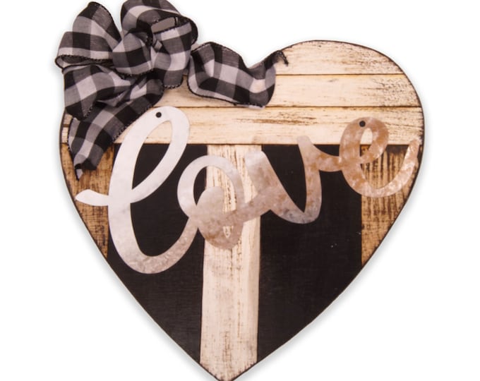 Heart Plaque with Tin love and black and white bow, Wooden Heart, Black and White Heart, Valentine's Decor, gift for Valentines, Love Heart