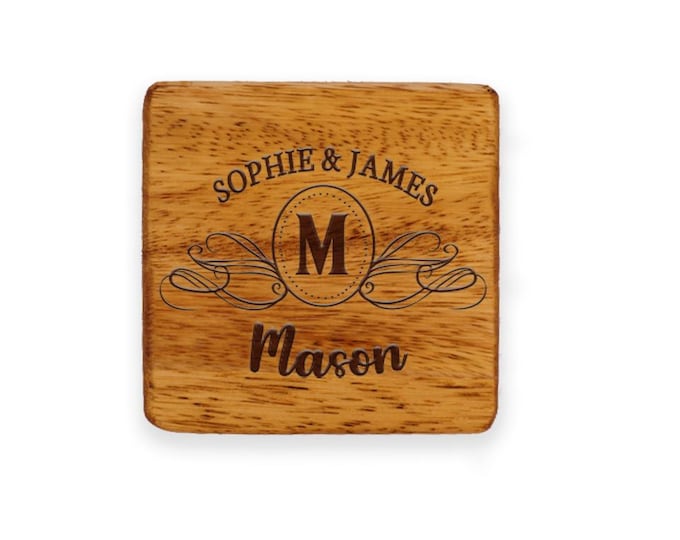 Personalized Handmade Acacia Wood Coasters:  Set of Four Coasters with tray, Many designs available