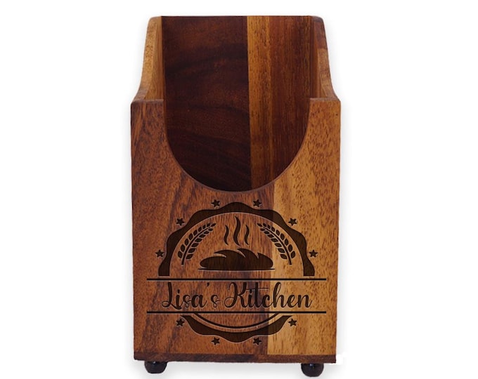 Personalized Acacia Wood Utensil Holder: Engraved Kitchen Tool Box, Gadget Tray