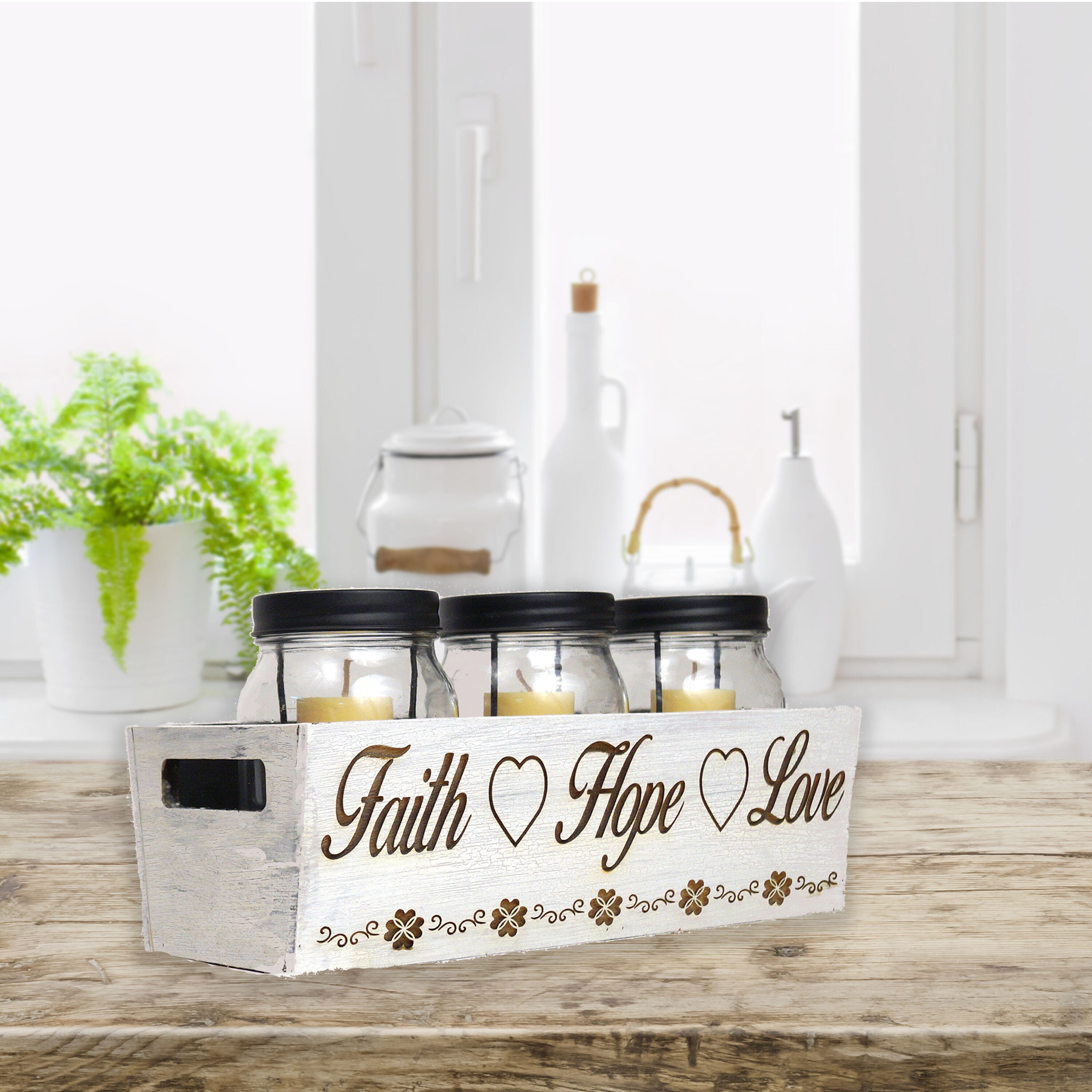 Faith Hope Love Farmhouse Mason Jar Candle Holder, Table Centerpiece