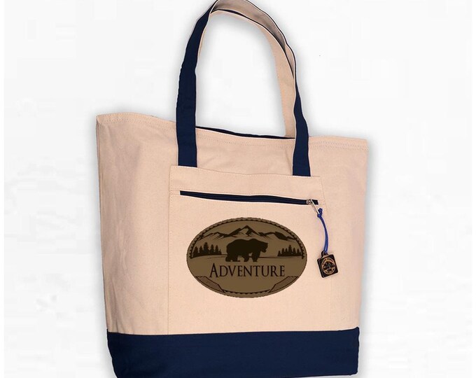 Personalized Bear Patch Tote Bag with Zip Top and Zip pocket, Large Canvas Tote, Bear Tote, Handbag, Shoulder Bag, Beach Bag, Camping Tote
