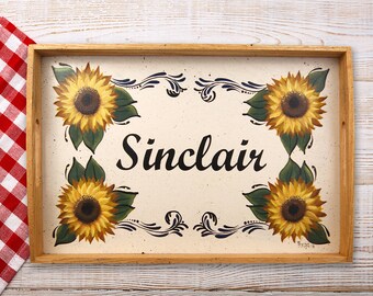 Hand Painted Sunflower Oak Serving Tray: Personalized Family Name