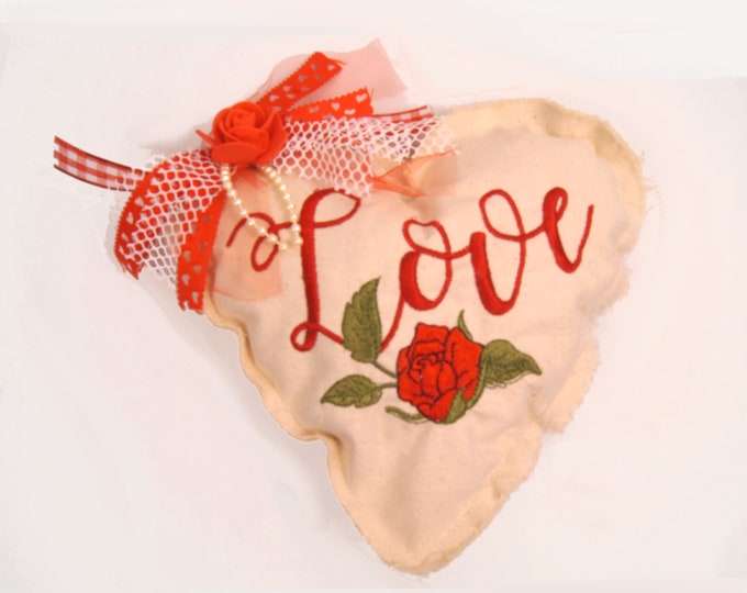 Embroidered Fabric Heart: Love & Rose Valentine's Decor