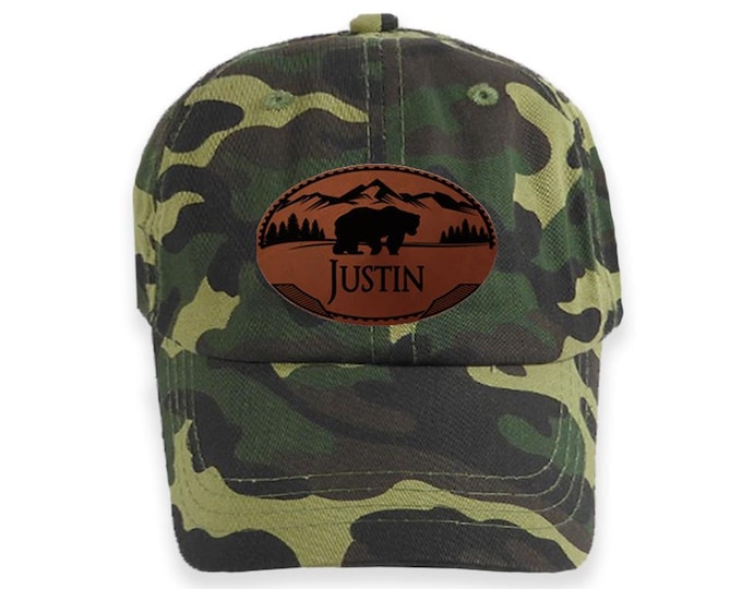 Personalized Bear hat, Dad Hat, Bear  Hat, Baseball Cap, Custom hat,  Northwoods hat, Mountains, Faux Leather Patch