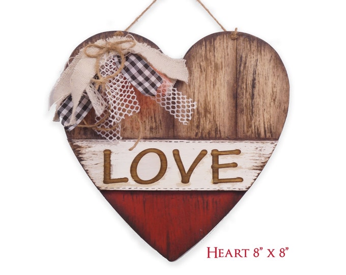 Heart Plaque with love engraved topped with Shabby Chic Bow, Wooden Heart,  Valentine's Decor, gift for Valentines, Love Heart
