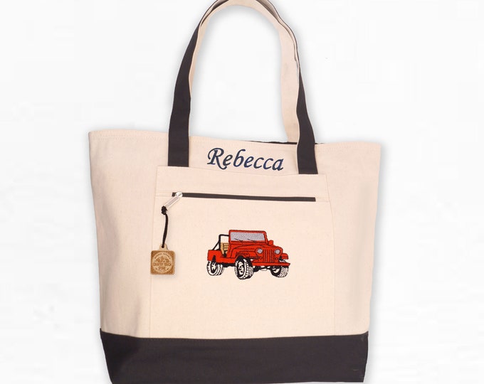 4x4 Vehicle Tote Bag with Zip Top and Zip pocket, Large Canvas Tote, Handbag, Shoulder Bag, Purse, Beach Bag, All Terrain Vehicle Tote