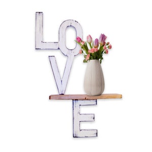 LOVE Shelf, Distressed White LOVE with stained shelf, Valentine, Wedding gift,