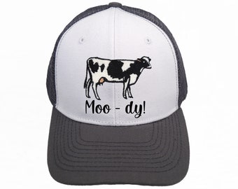 Moo-dy Cow Trucker Hat: Snap Back Cap