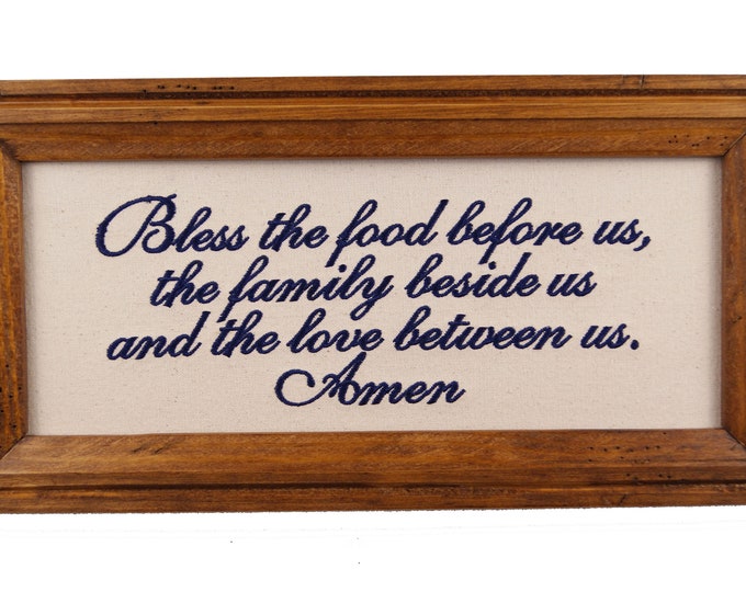Bless the food, Scripture Decor, Framed Embroidered Art, Farmhouse Decor, Rustic Decor, Wedding Gift, Housewarming Gift, Bless family