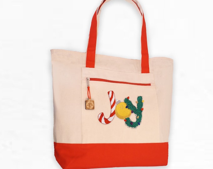 Christmas Tote Bag with zip top and zip pocket, Heavy Canvas Tote, Handbag, Shoulder Bag, Fabric Purse, Large Tote, Beach Bag