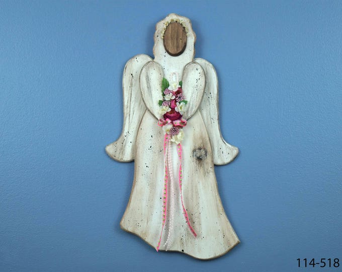 Country Wooden Angel, Distressed Wood Angel, Deep Pink Roses with Pink and Lime Green Ribbon Angel,  Wall hanging Angel, Rustic Angel