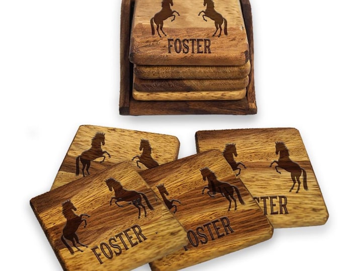 Personalized Acacia Wood Coasters:  Coaster Set of Four with tray