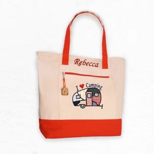 Personalized Tote, I Love Camping Tote Bag with Zip Top and Zip pocket, Large Canvas Tote, Handbag, Purse, Beach Bag, Custom Embroidery Tote