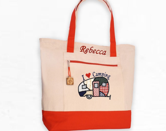 Personalized Tote, I Love Camping Tote Bag with Zip Top and Zip pocket, Large Canvas Tote, Handbag, Purse, Beach Bag, Custom Embroidery Tote