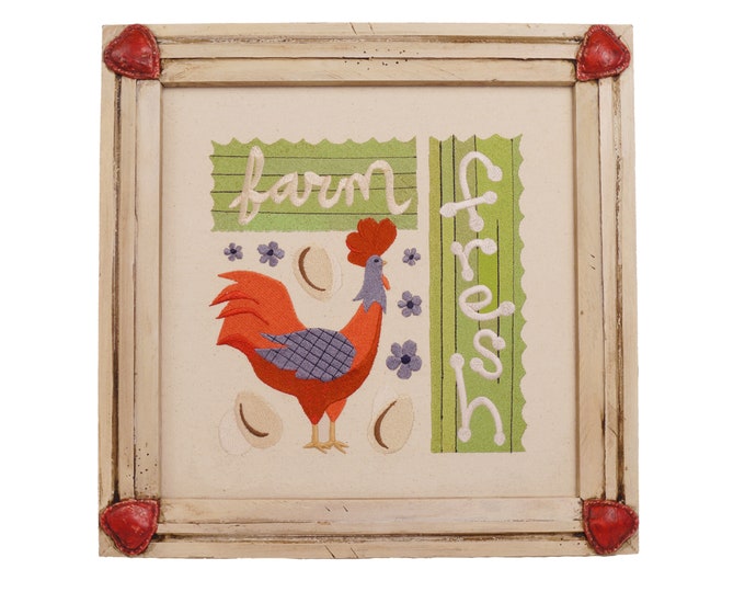 Farm Fresh Decor, Rooster Decor, Embroidered Art Framed, Rooster Art, Living Room Decor, Wedding Gift, Housewarming Gift, Farmhouse Decor
