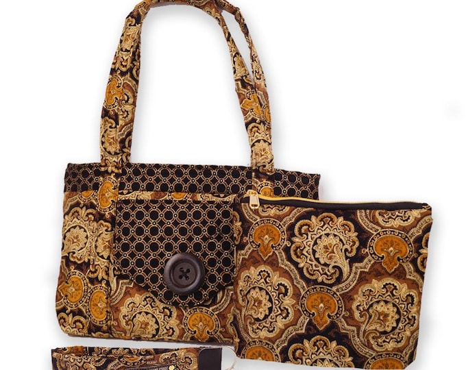Quilted Purse with Matching Cosmetic Bag and keychain wristlet, Black and Gold Pocketbook, Handmade Handbag, Shoulder Tote