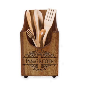 Personalized Kitchen Utensil Holder, Acacia Wood, Engraved Utensil Holder, Kitchen Tool Box, Housewarming Gift, New Home Gift, Realtor Gift