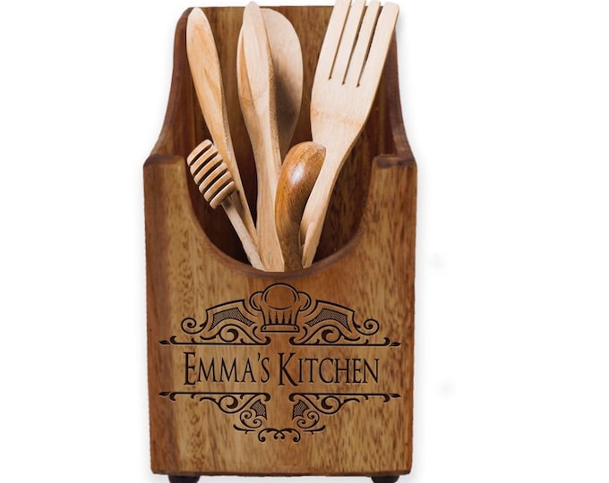 Personalized Kitchen Utensil Holder, Acacia Wood, Engraved Utensil Holder, Kitchen Tool Box, Housewarming Gift, New Home Gift, Realtor Gift
