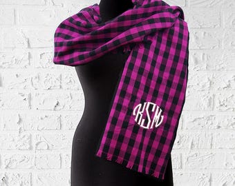 Monogrammed Plaid Scarf: Personalized Embroidered Shawl (14" x 72")