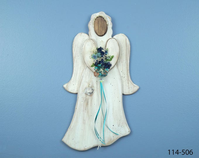 Country Wooden Angel, Distressed Wood Angel, Teal Ribbon Angel, Floral Angel, Antiqued Angel, Angel Wall Hanging, Rustic Angel