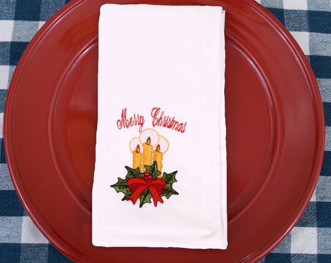 Merry Christmas Embroidered Napkins, Christmas Napkins, Candle Design, Custom Napkins, Cloth Napkins, Party Napkins, Dinner Napkins