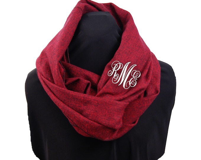 Monogrammed Infinity Scarf, Infinity Scarf, Dark Red Herringbone Scarf, Monogram Gifts, Gifts under 30, Gifts for Girlfriend