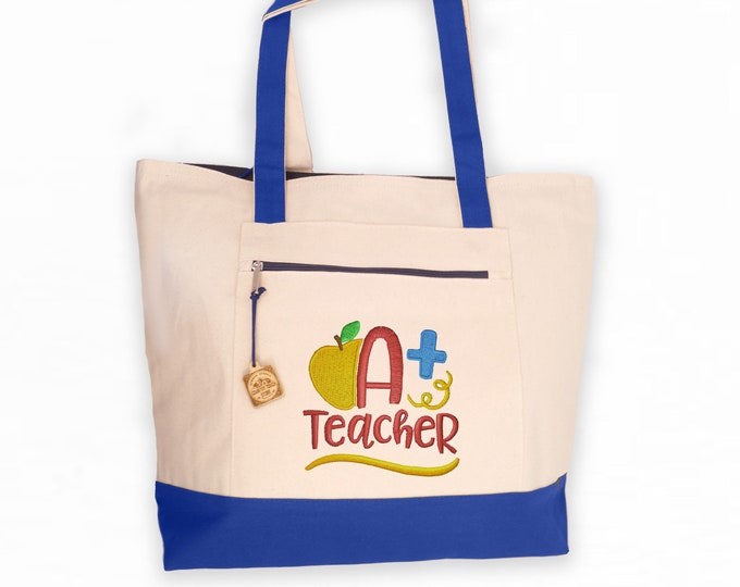 Personalized Teacher Tote, Teacher Bag with Zip Top and Zip pocket, Large Canvas Tote, Shoulder Bag, Purse, Beach Bag, Teacher Gift