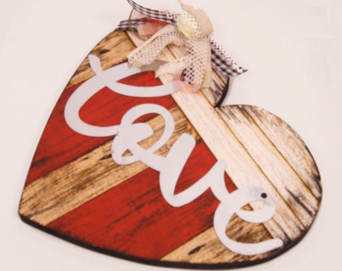 Antiqued Heart with Tin love and Shabby Chic bow, Wooden Heart, Heart, Valentine's Decor, gift for Valentines, Love Heart