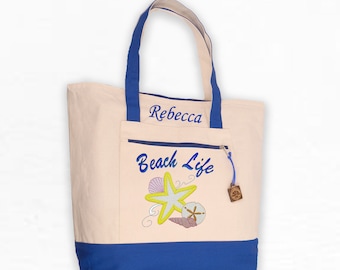 Personalized Beach Life Tote Bag: Embroidered Canvas Zipper Top