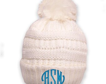 Personalized Knit Beanie with Faux Fur Pom Pom