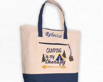Personalized Tote Bag: Embroidered Canvas Bag with Zipper Top and Pocket, Camping Therapy