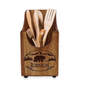Personalized Kitchen Utensil Holder, Acacia Wood, Engraved Utensil Holder, Kitchen Tool Box, Housewarming Gift, New Home Gift, Realtor Gift