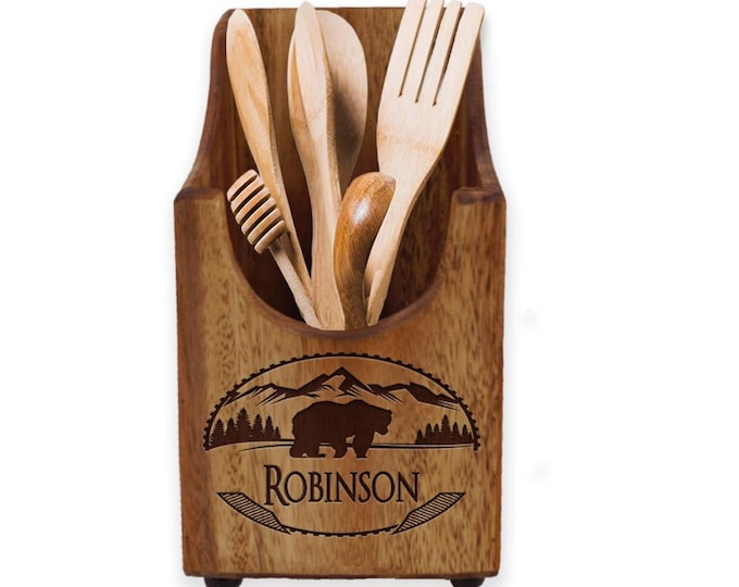 Personalized Kitchen Utensil Holder, Acacia Wood, Engraved Utensil Holder, Kitchen Tool Box, Housewarming Gift, New Home Gift, Realtor Gift