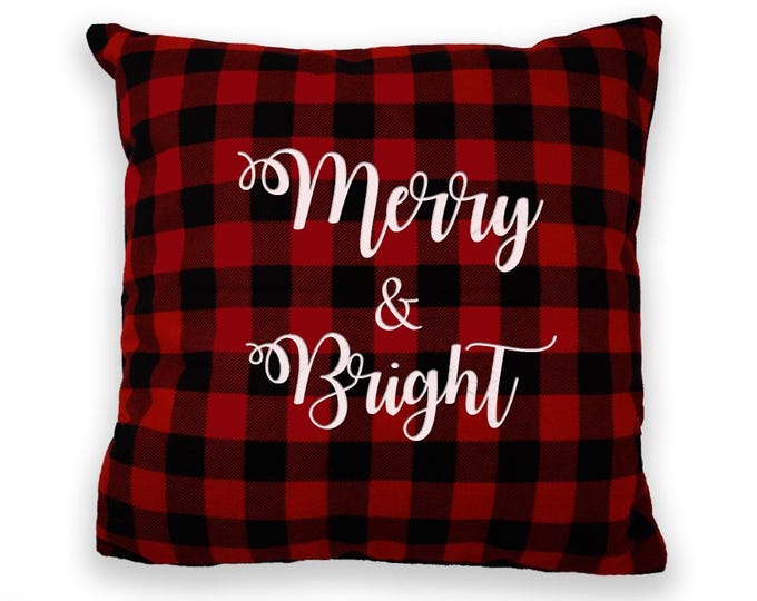 Buffallo Plaid Throw Pillow, Merry and Bright, Embroidered Pillow, Christmas Cushion, Christmas Decor, Housewarming Gift, Christmas Gift